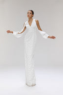 Metog White Glitter Lace Sequin Chiffon Maxi Dress for women, from SORAMAME, The Viet Concept