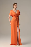 Orange Agate Silk V-Neck Slit Gown With Bow Detail for women, from IHF ATELIER, The Viet Concept
