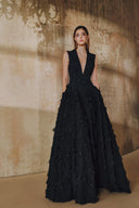 L' SCARLETT • Fringe Jacquard Layered Side-Panel V-Neck Maxi Dress