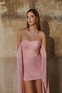 L' SCARLETT • Rosé Crystal-Embellished Pleated Off-Shoulder Chiffon Mini Dress