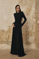 L' SCARLETT • Midnight Draped Silk-Crepe Crystal High-Neck Maxi Dress