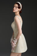 Lacquered Brocade Pearl-Embellished Strapless A-Line Mini Dress for women, from IHF STUDIO, The Viet Concept 