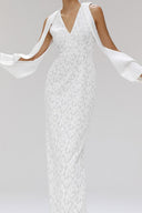 Metog White Glitter Lace Sequin Chiffon Maxi Dress for women, from SORAMAME, The Viet Concept