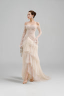 LINH PHUNG • Lacevé Couture Off-Shoulder Metallic Lace Evening Gown