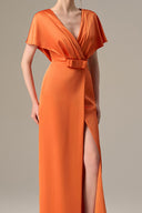 Orange Agate Silk V-Neck Slit Gown With Bow Detail for women, from IHF ATELIER, The Viet Concept