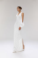 Metog White Glitter Lace Sequin Chiffon Maxi Dress for women, from SORAMAME, The Viet Concept