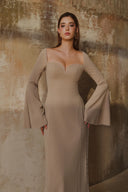 L' SCARLETT • Beige Crystal-Beaded Flared Sleeve Crepe Maxi Dress