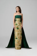 Green Floral Metallic Jacquard Bustier Column Gown With Train for women, from IHF ATELIER, The Viet Concept 