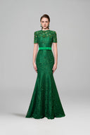 IHF ATELIER • Dark Green French Lace Mermaid Gown With Crystal Detail