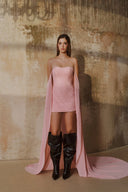 L' SCARLETT • Rosé Crystal-Embellished Pleated Off-Shoulder Chiffon Mini Dress