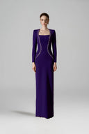 IHF ATELIER • Noctelle Dark Purple Embellished Trapeze Neck Crepe Gown