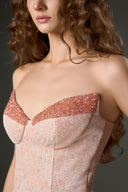 Lotus Éclat Pink Lacquered Brocade Bustier Gown for women, from IHF STUDIO, The Viet Concept