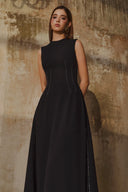 L' SCARLETT • Black Crystal Beaded Flared Midi Dress