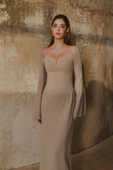 L' SCARLETT • Beige Crystal-Beaded Flared Sleeve Crepe Maxi Dress