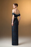 IHF ATELIER • Rose Brocade Off-Shoulder Column Gown With Pearl Embellishment