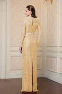 Beige French Lace Trapeze Neck Column Gown With Silk Waist for women, from IHF ATELIER, The Viet Concept