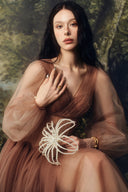 LINH PHUNG • Sylvara Mocha Brown Crystal-Embellished Tulle Midi Corset Dress