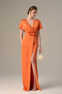 Orange Agate Silk V-Neck Slit Gown With Bow Detail for women, from IHF ATELIER, The Viet Concept