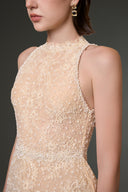 Celestine Beige Pearl-Embellished Mesh Halter Mini Dress for women, from IHF STUDIO, The Viet Concept