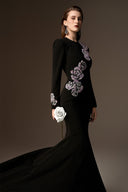 IHF ATELIER • Black Crystal Floral Embellished Crepe Mermaid Gown