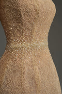 Beige Floral Mesh Lace Corset Bell Mini Dress with Crystal Waist for women, from IHF SUDIO, The Viet Concept 
