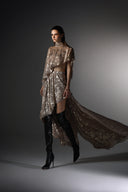 Ember Gilded Lace Asymmetrical Mullet Maxi Skirt for women, from SORAMAME, The Viet Concept