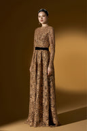 Brown Guipure Lace & Lyon Velvet A-Line Floor-Length Gown for women, from IHF ATELIER, The Viet Concept 