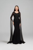 21SIX • Safiya Crepe & Chiffon Beaded Cape Evening Gown