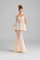 LINH PHUNG • Ameline Floral Sequin Mermaid Gown with Sheer Corset & Detachable Cape