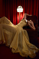 HUELLEY ROSE • Liane Golden Yellow Silk Organza Bow-Bodice A-Line Maxi Dress