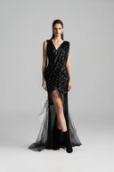 Haven Black Sequin Tulle Asymmetrical Mullet Hem Gown for women, from SORAMAME, The Viet Concept
