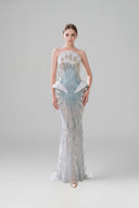 DO LONG • Silver Blue Strapless Beaded Mermaid Gown with Sculpted Peplum