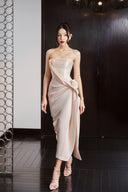 DO LONG • Beige Strapless Floral Appliqué Midi Dress