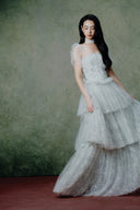 LINH PHUNG • Solstice Pigeon Blue Floral Lace Evening Gown