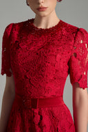 Red Lace A-Line Gown with Crystal Embroidered Neckline and Belt for women, from IHF STUDIO, The Viet Concept 