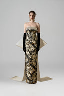 Gold & Black Floral Jacquard Strapless Bustier Column Gown with Bow for women, from IHF ATELIER, The Viet Concept