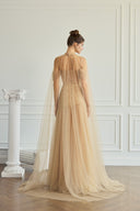 Aliora Crystal Embellished Gold Glitter Mesh Cape for women, from CALISTA, The Viet Concept