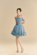 LINH PHUNG • Nuville Lapis Blue Off-Shoulder Feather Hem Organza Mini Dress