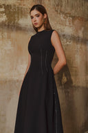 L' SCARLETT • Black Crystal Beaded Flared Midi Dress