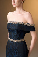 IHF ATELIER • Rose Brocade Off-Shoulder Column Gown With Pearl Embellishment
