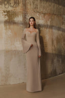 L' SCARLETT • Beige Crystal-Beaded Flared Sleeve Crepe Maxi Dress