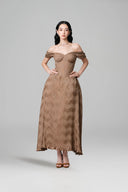 Solaire Caramel Brown Pleated Chiffon Midi Dress for women, from LINH PHUNG, The Viet Concept