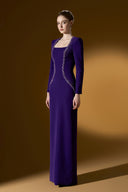 IHF ATELIER • Noctelle Dark Purple Embellished Trapeze Neck Crepe Gown
