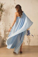 XITA • Celestia Sea Blue Asymmetric Off-Shoulder Silk Maxi Gown