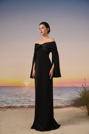 Azure Crepe Off-Shoulder Crystal Cape Evening Gown Luxury for women, from 21SIX, The Viet Concept