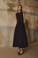 L' SCARLETT • Black Crystal Beaded Flared Midi Dress