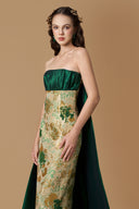 Green Floral Metallic Jacquard Bustier Column Gown With Train for women, from IHF ATELIER, The Viet Concept 