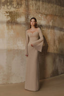 L' SCARLETT • Beige Crystal-Beaded Flared Sleeve Crepe Maxi Dress