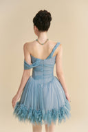 LINH PHUNG • Nuville Lapis Blue Off-Shoulder Feather Hem Organza Mini Dress