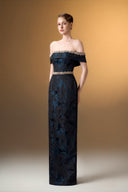 IHF ATELIER • Rose Brocade Off-Shoulder Column Gown With Pearl Embellishment